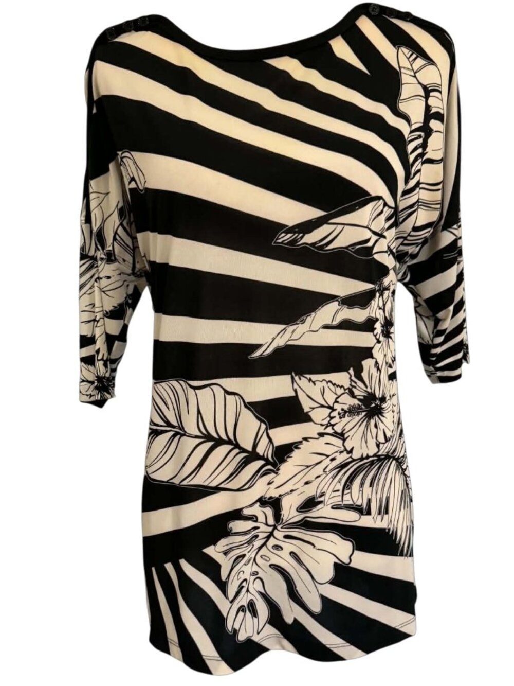 Multiples black and white striped tropical floral tunic top